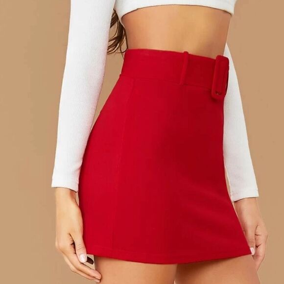 SHEIN Buckle Belted Red Solid Mini Skirt - Size Small - Picture 4 of 7